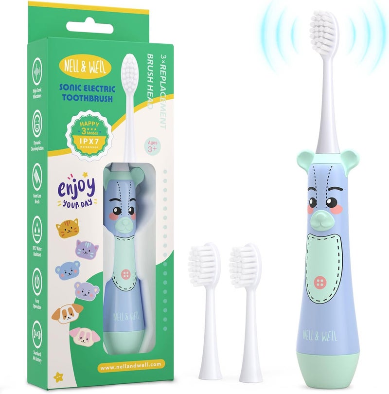NELLWELL Kids Electric Toothbrush, 2-Min Timer, 3 Modes with Memory, IPX 7 Waterproof, Battery Powered Kids Toothbrush with 3 Soft Bristles Heads for Children Boys and Girls Ages 3+ - Image 1